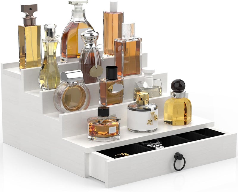 upcessory Cologne Organizer for Men, 4 Tier White Wood Perfume Organizer with Felt Lining Drawer and Hidden Compartment, Perfume Display Holder, A Gift for Men - Image 1
